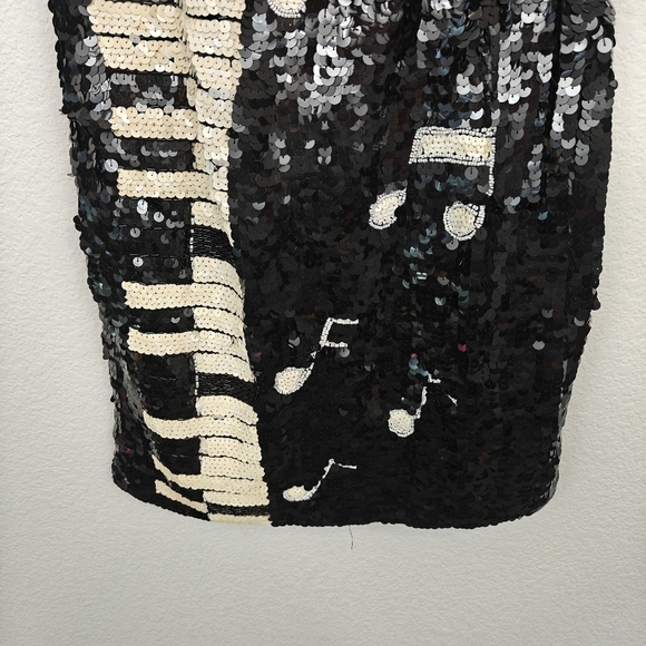 Vintage 1980s Black White Piano Keys Off Shoulder Sequin Beaded Mini Dress SM - Picture 10 of 16